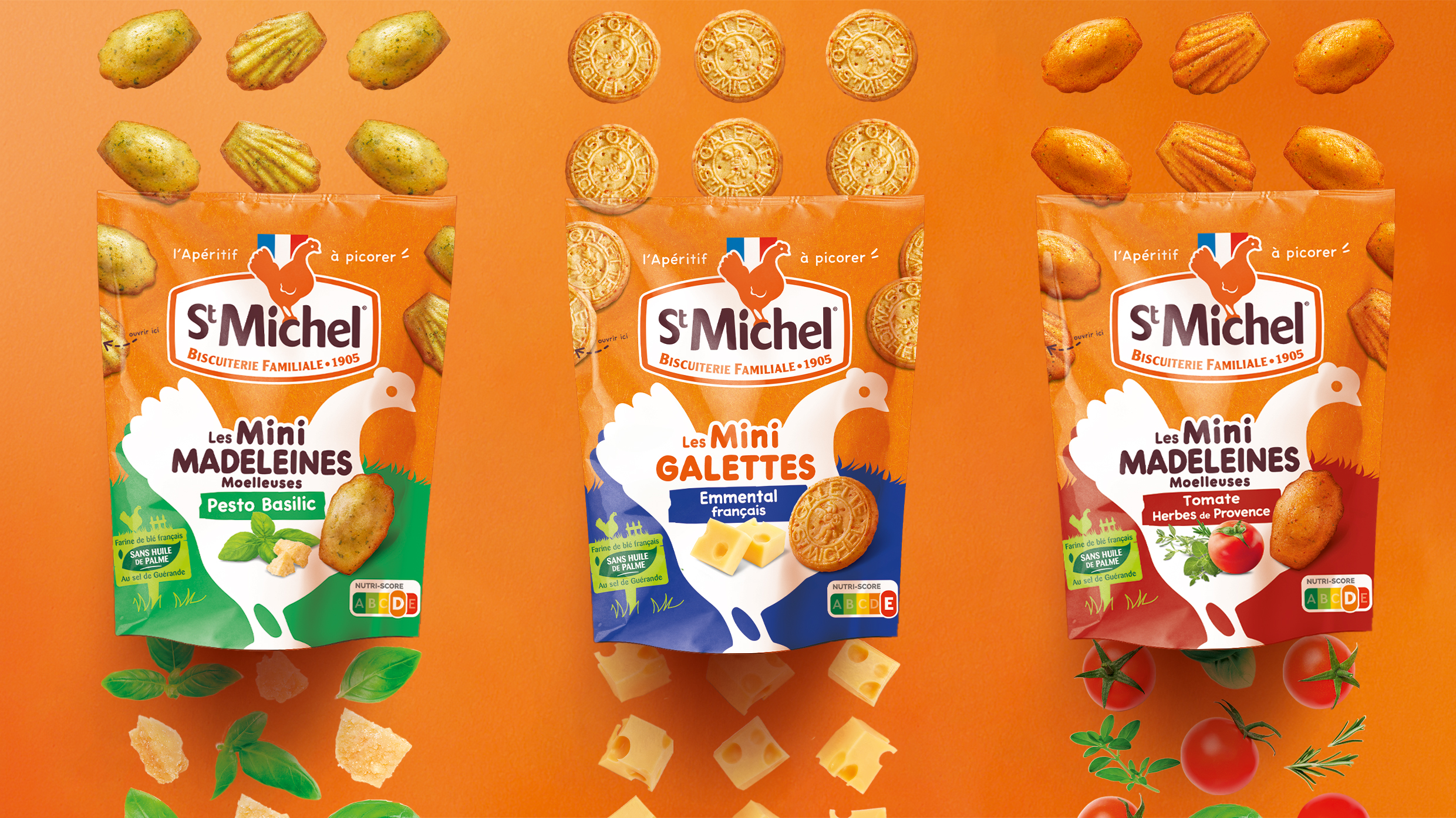 3 nouvelles innovations St-Michel : madeleines au pesto basilic, madeleines aux tomates herbes de provence et galettes à l'emmental